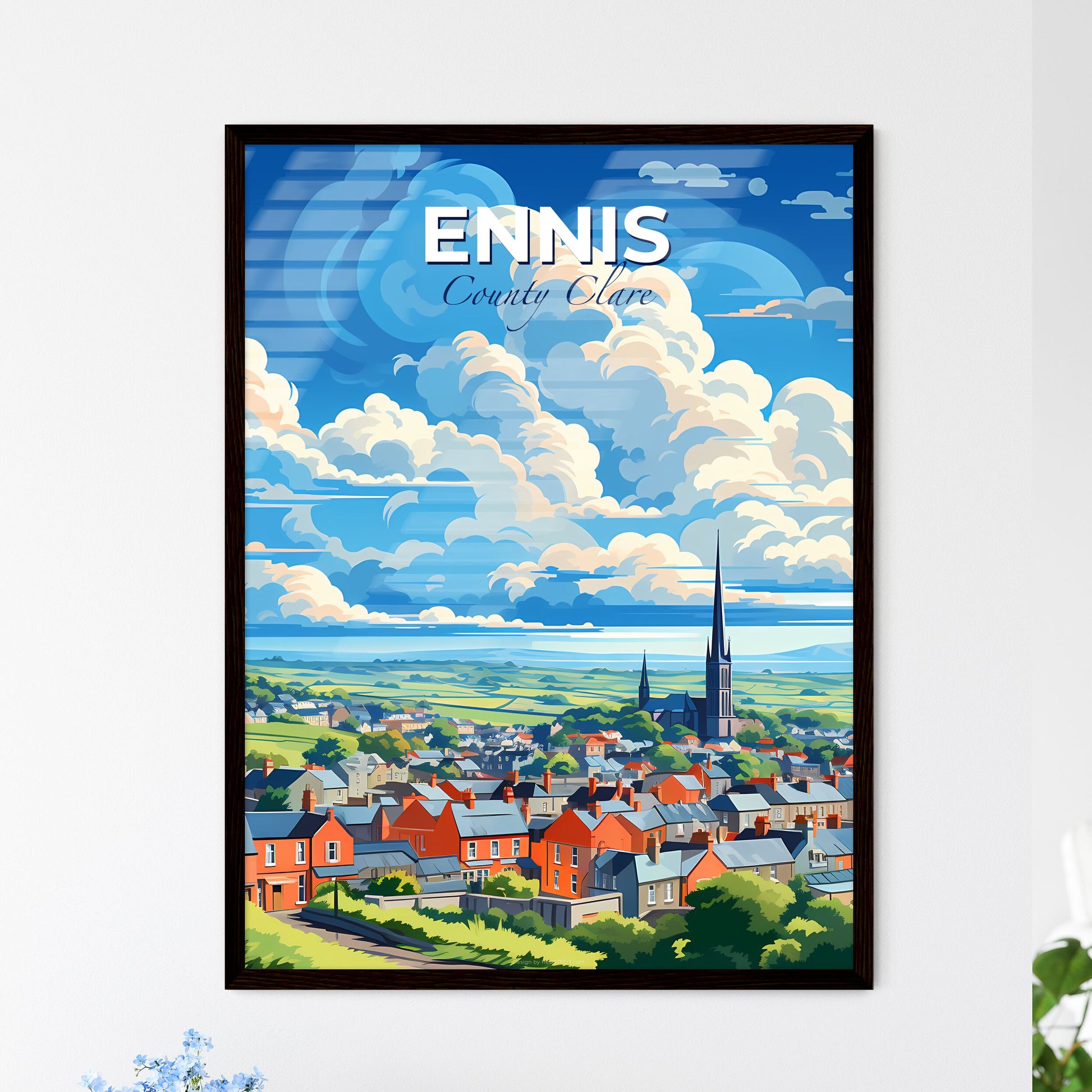 Ennis, County Clare, A Poster of a landscape of a town with a church and a large field Default Title