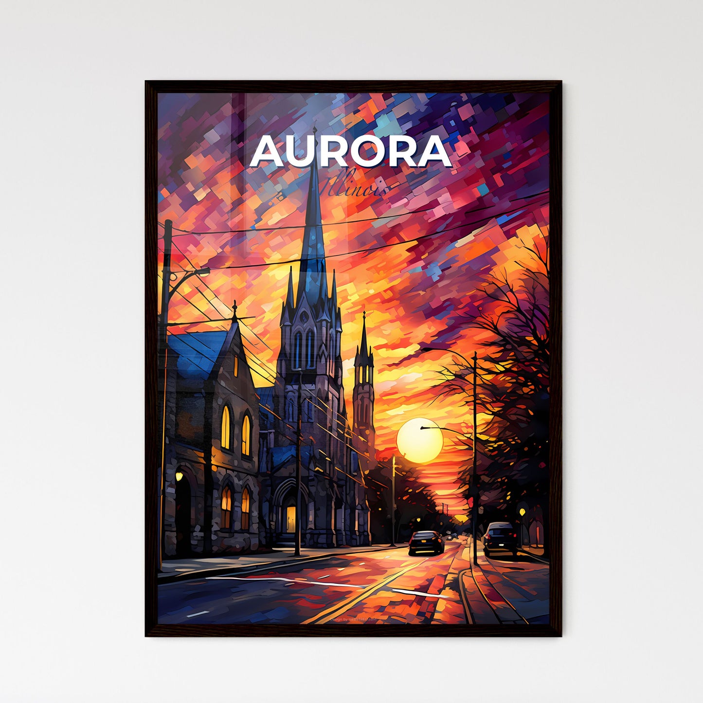 Aurora, Illinois, A Poster of a street with cars and a church in the background Default Title