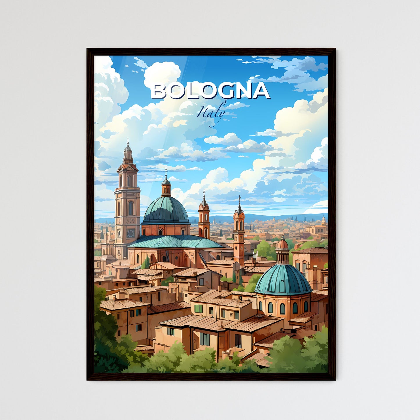 Bologna, Italy, A Poster of a city with a blue dome and towers Default Title
