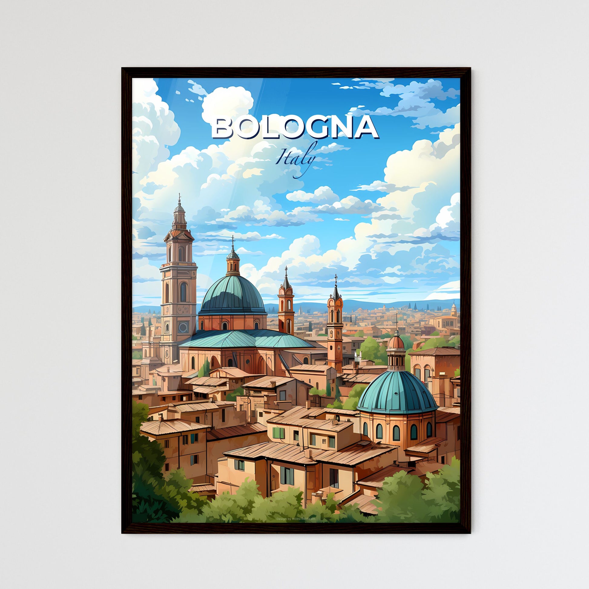 Bologna, Italy, A Poster of a city with a blue dome and towers Default Title