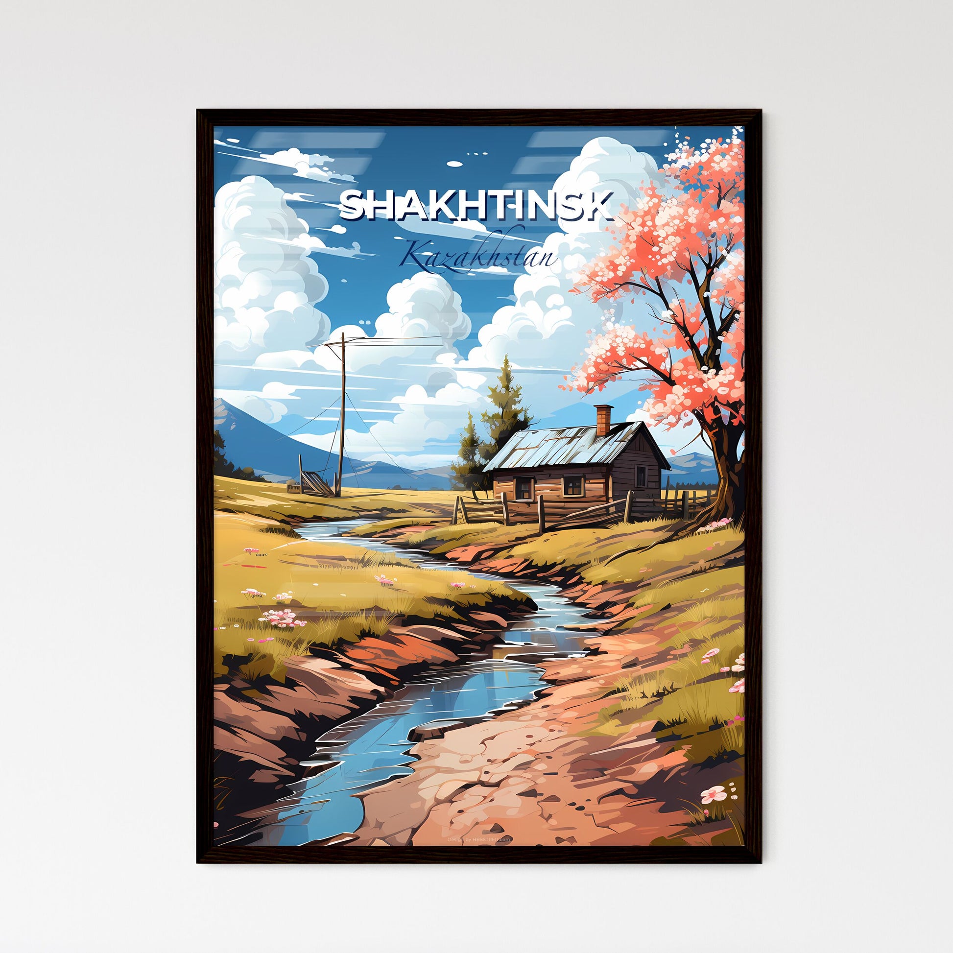Shakhtinsk, Kazakhstan, A Poster of a stream running through a field with a house and trees Default Title