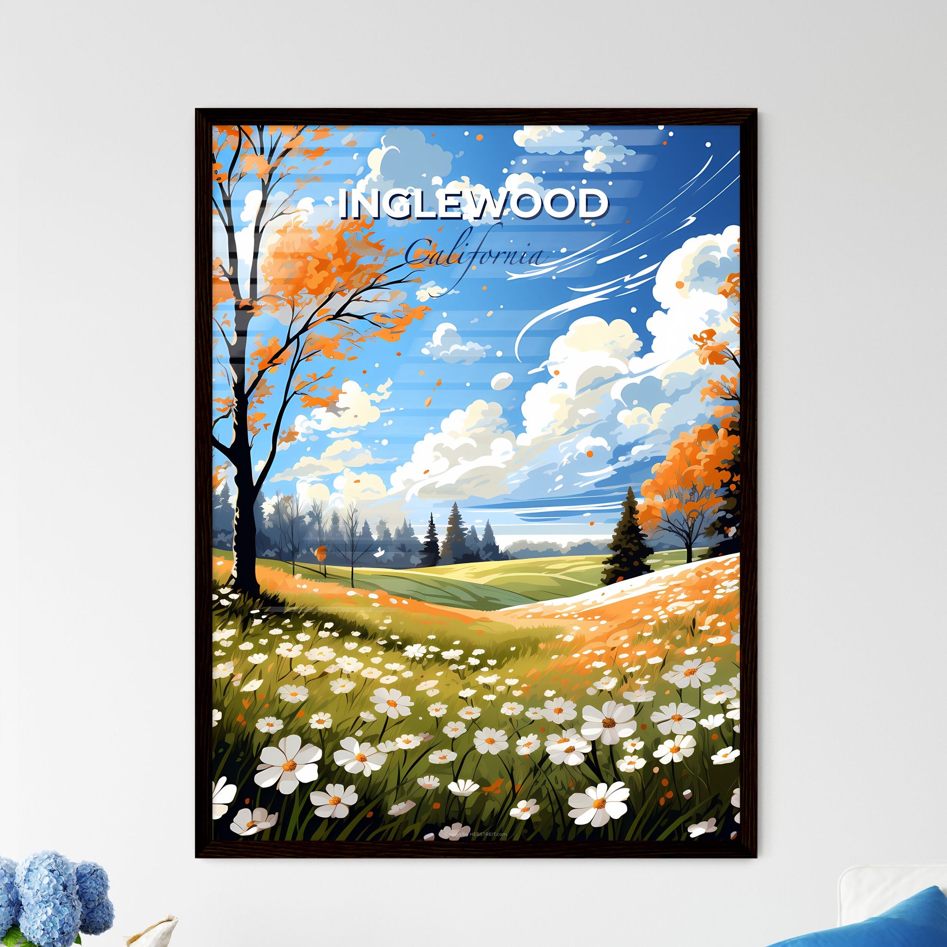 Inglewood, California, A Poster of a field of flowers and trees Default Title