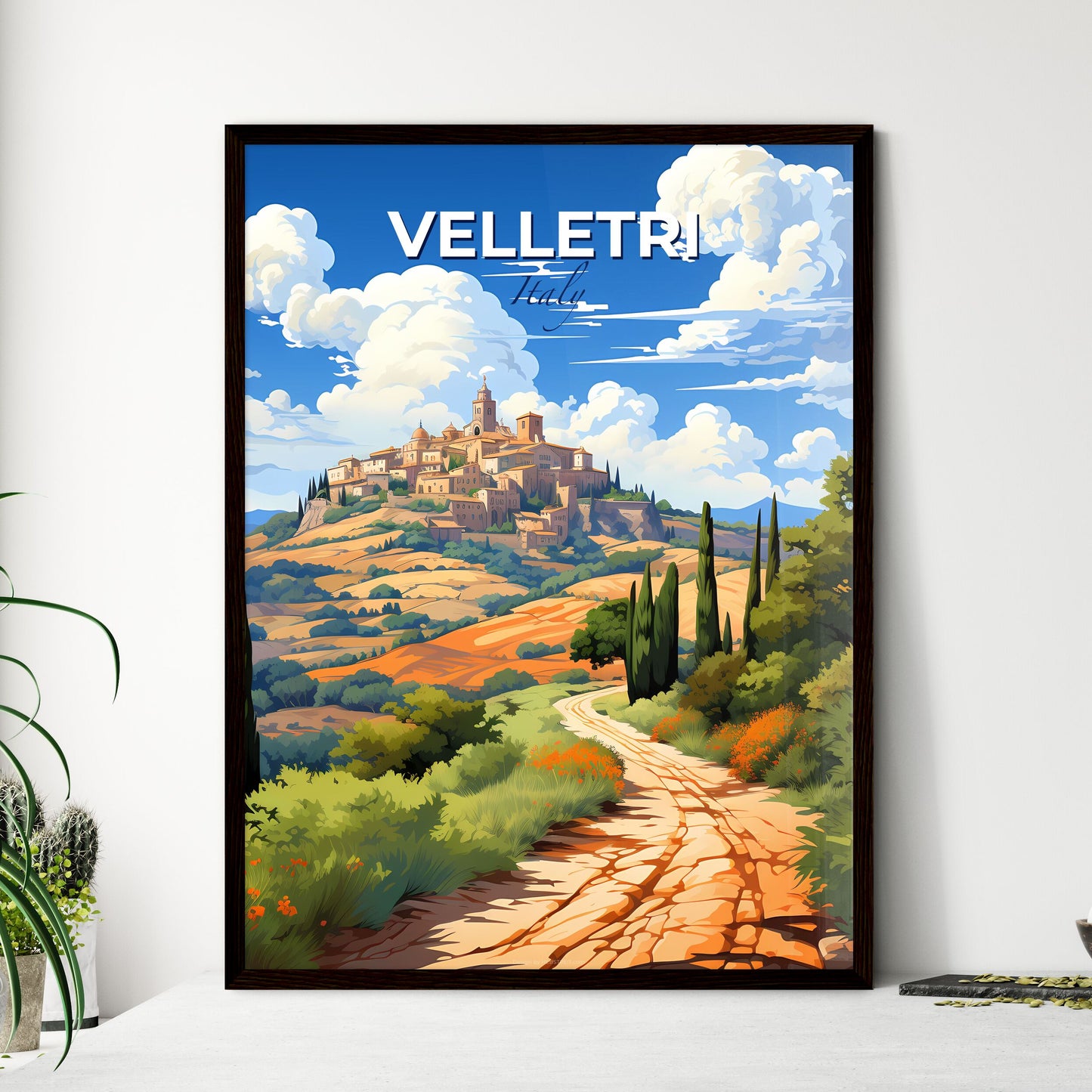 Velletri, Italy, A Poster of a landscape with a road and trees and a town on top of it Default Title