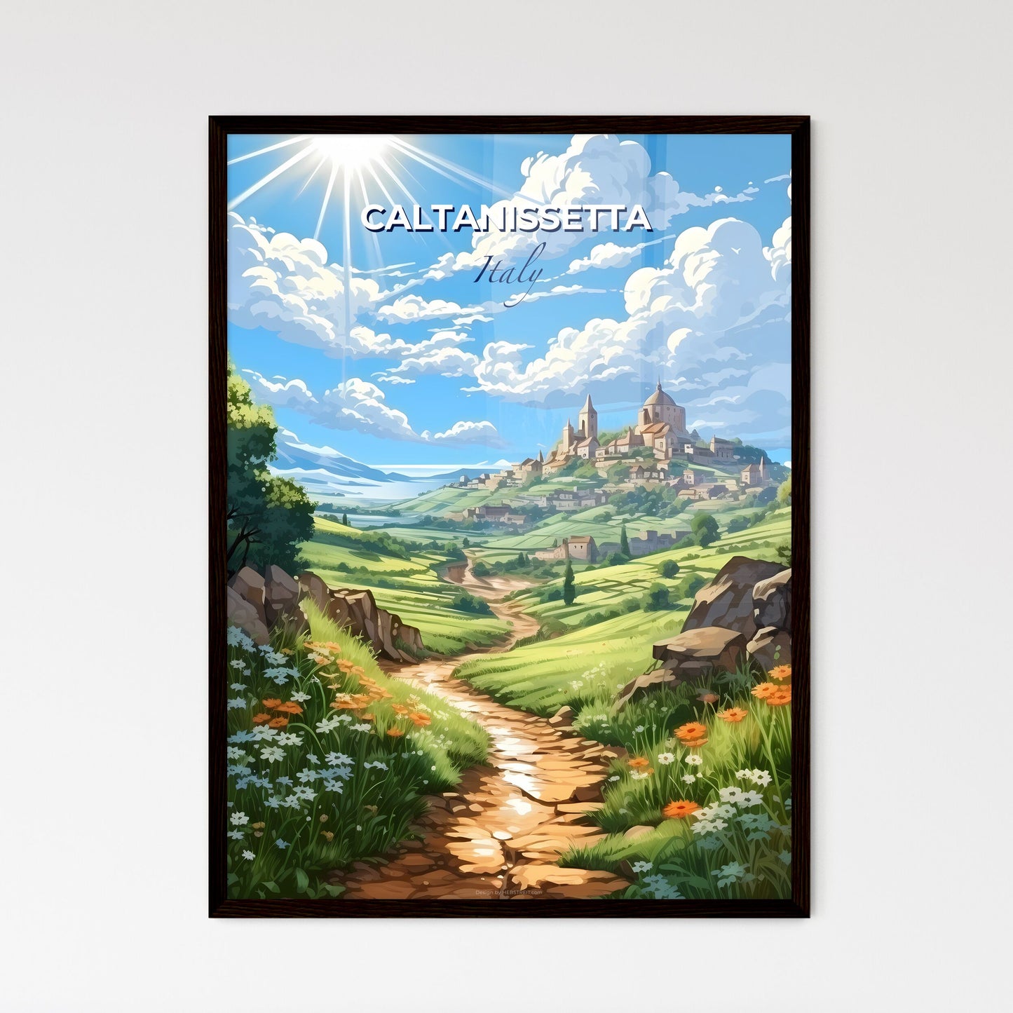 Caltanissetta, Italy, A Poster of a landscape with a road and a village on a hill Default Title