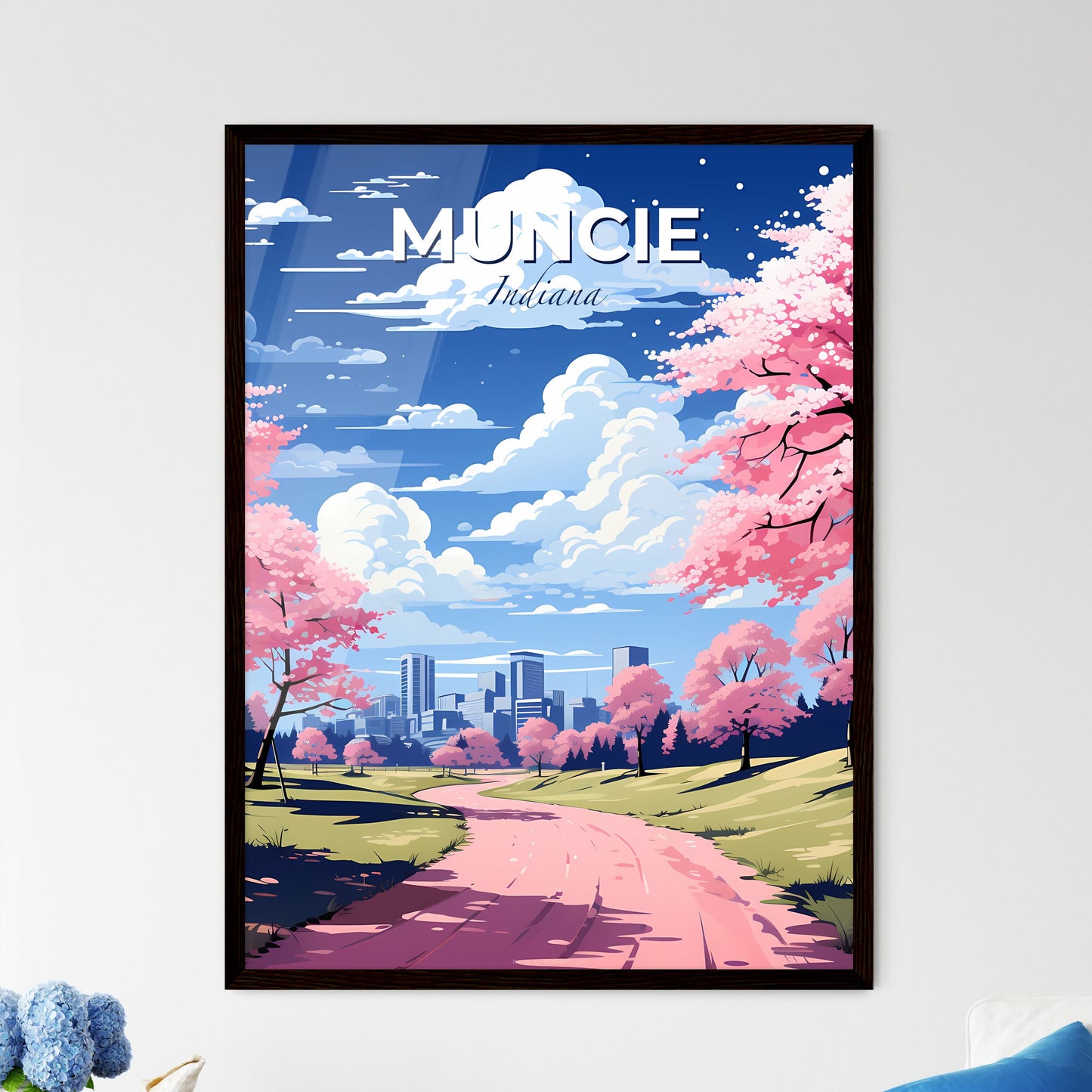 Muncie, Indiana, A Poster of a pink trees with pink flowers on a road Default Title