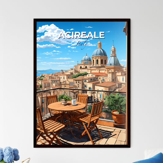 Acireale, Italy, A Poster of a table and chairs on a balcony overlooking a city Default Title