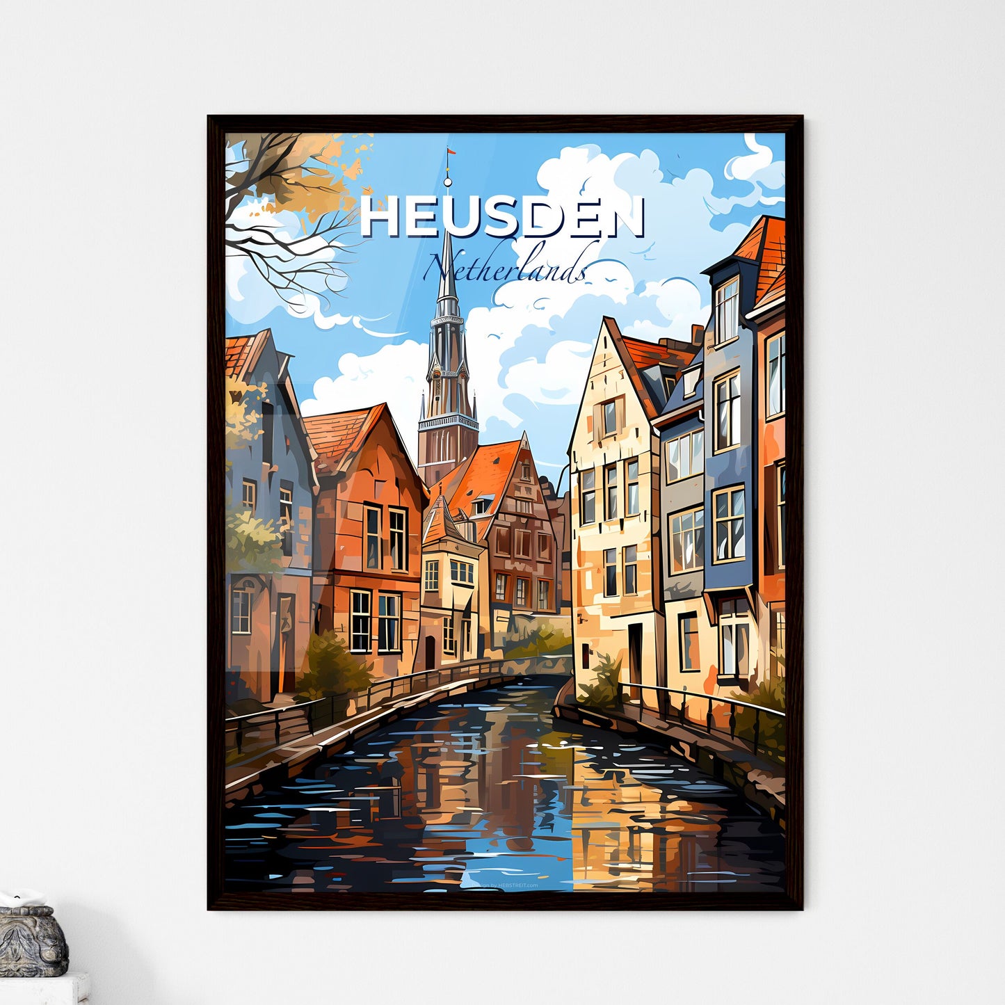 Heusden, Netherlands, A Poster of a water canal with buildings and a church in the background Default Title