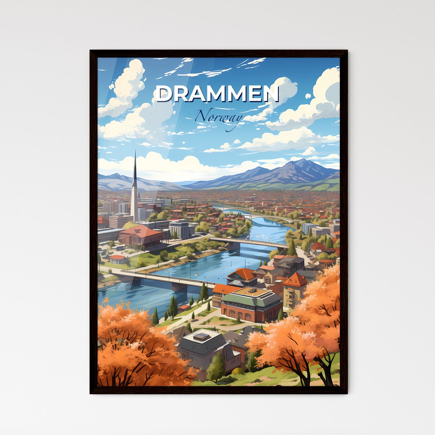 Drammen, Norway, A Poster of a city with a bridge and a river Default Title
