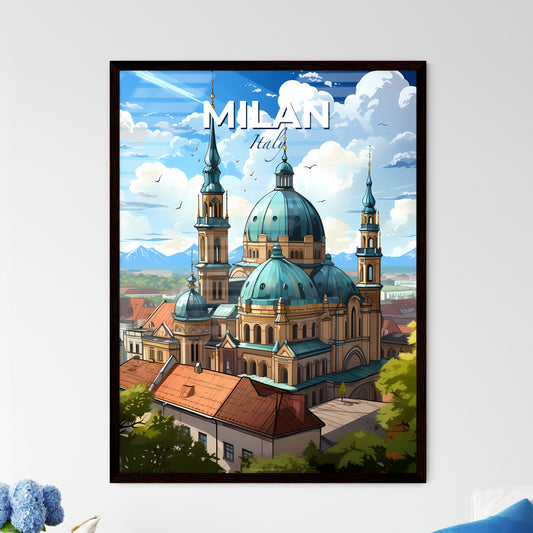 Milan, Italy, A Poster of a building with blue domes and a city in the background Default Title