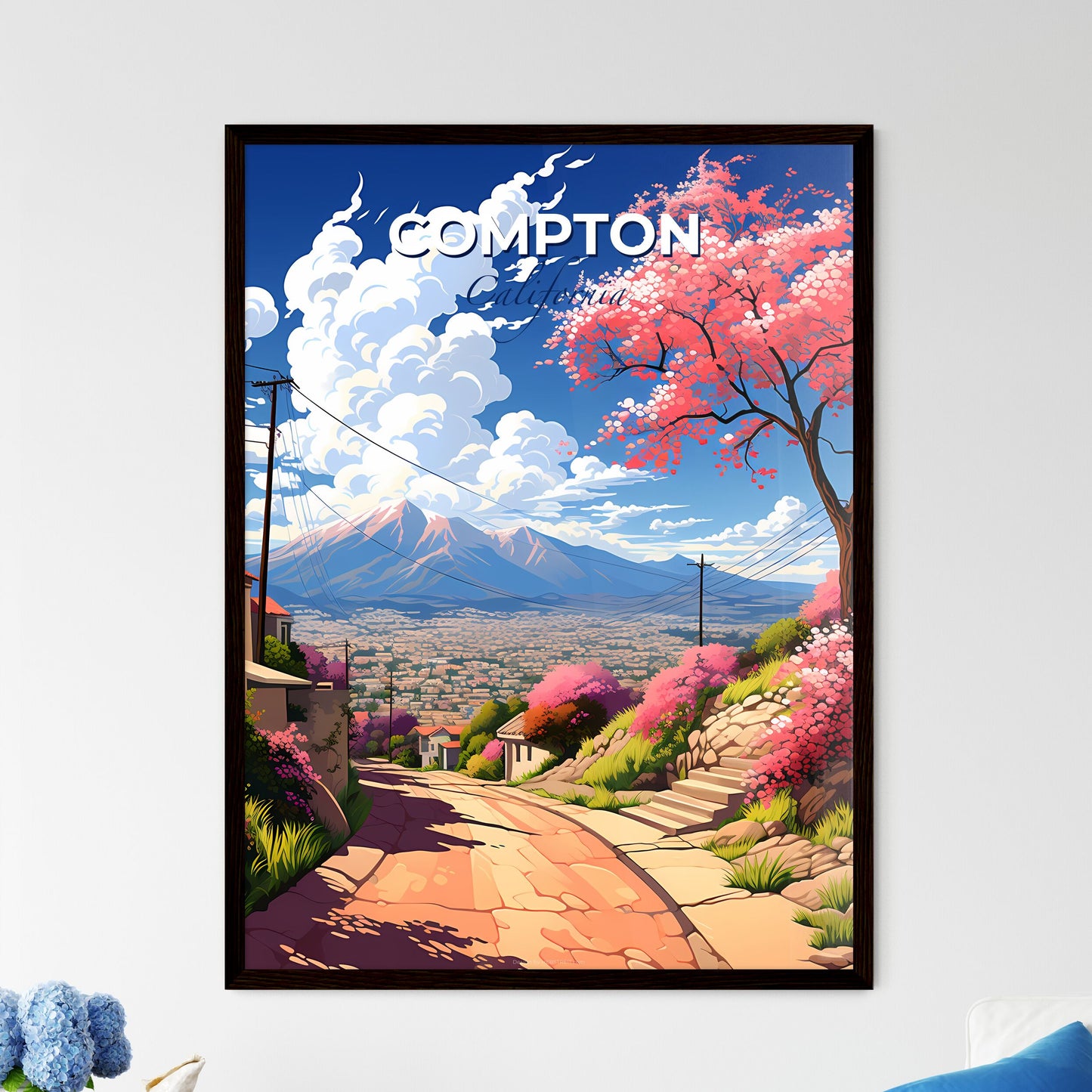 Compton, California, A Poster of a road with pink flowers and trees on the side Default Title