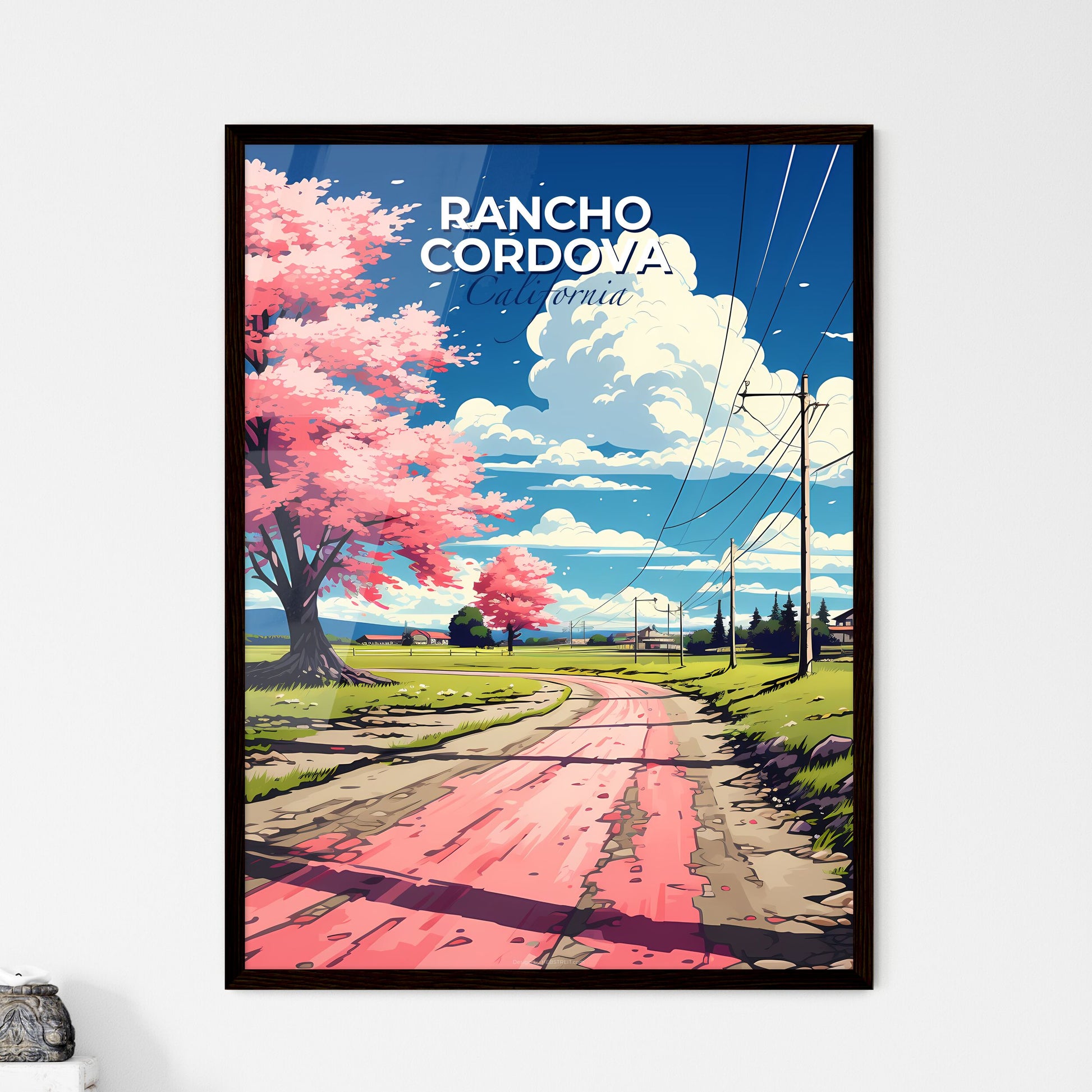Rancho Cordova, California, A Poster of a road with pink trees and power lines Default Title