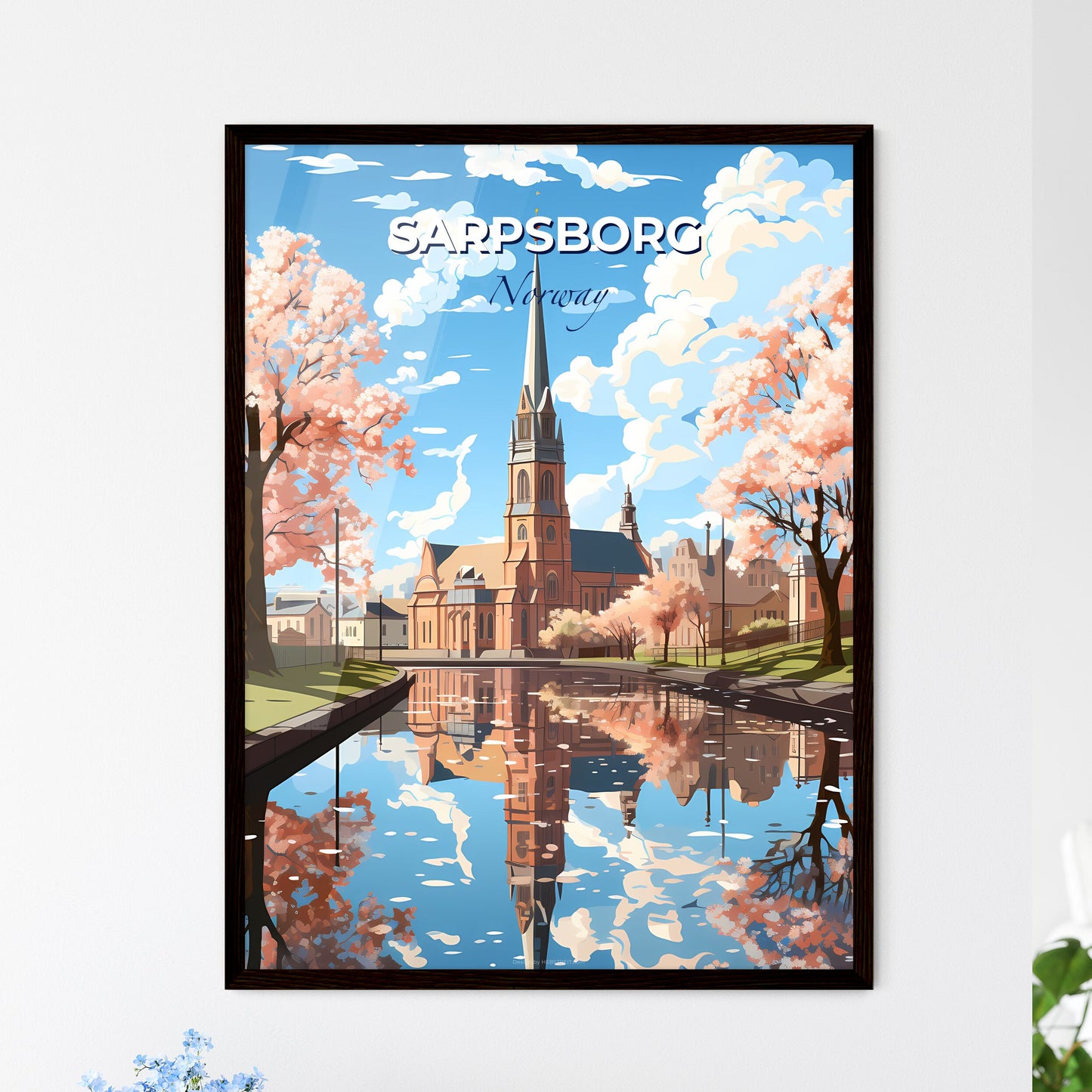 Sarpsborg, Norway, A Poster of a church with a tower and a pond with pink trees Default Title