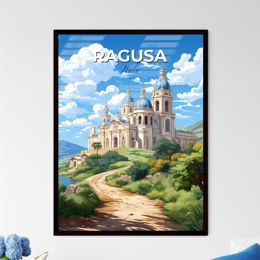 Ragusa, Italy, A Poster of a building with blue domes on a hill with trees and a path Default Title