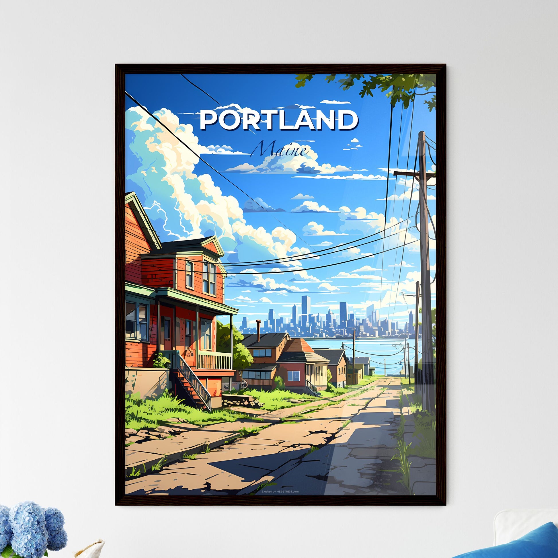 Portland, Maine, A Poster of a street with houses and power lines and a city in the background Default Title