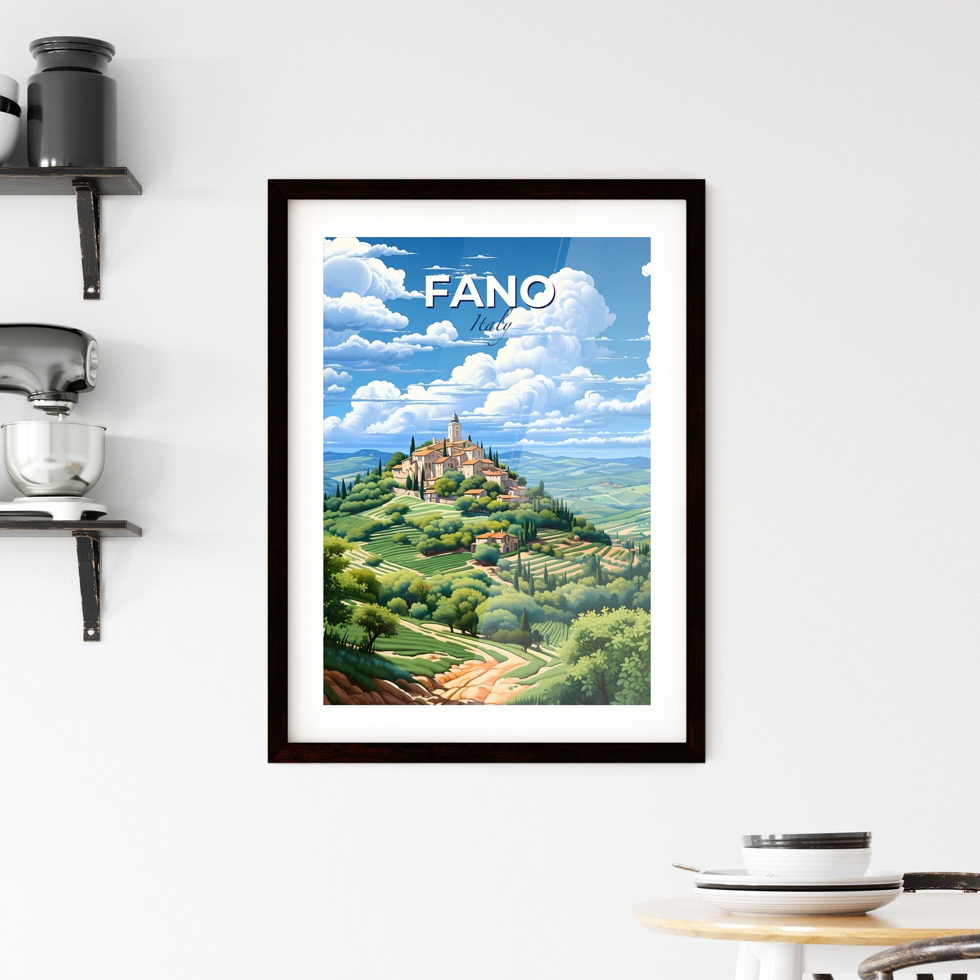 Fano, Italy, A Poster of a landscape of a hill with a building and trees Default Title
