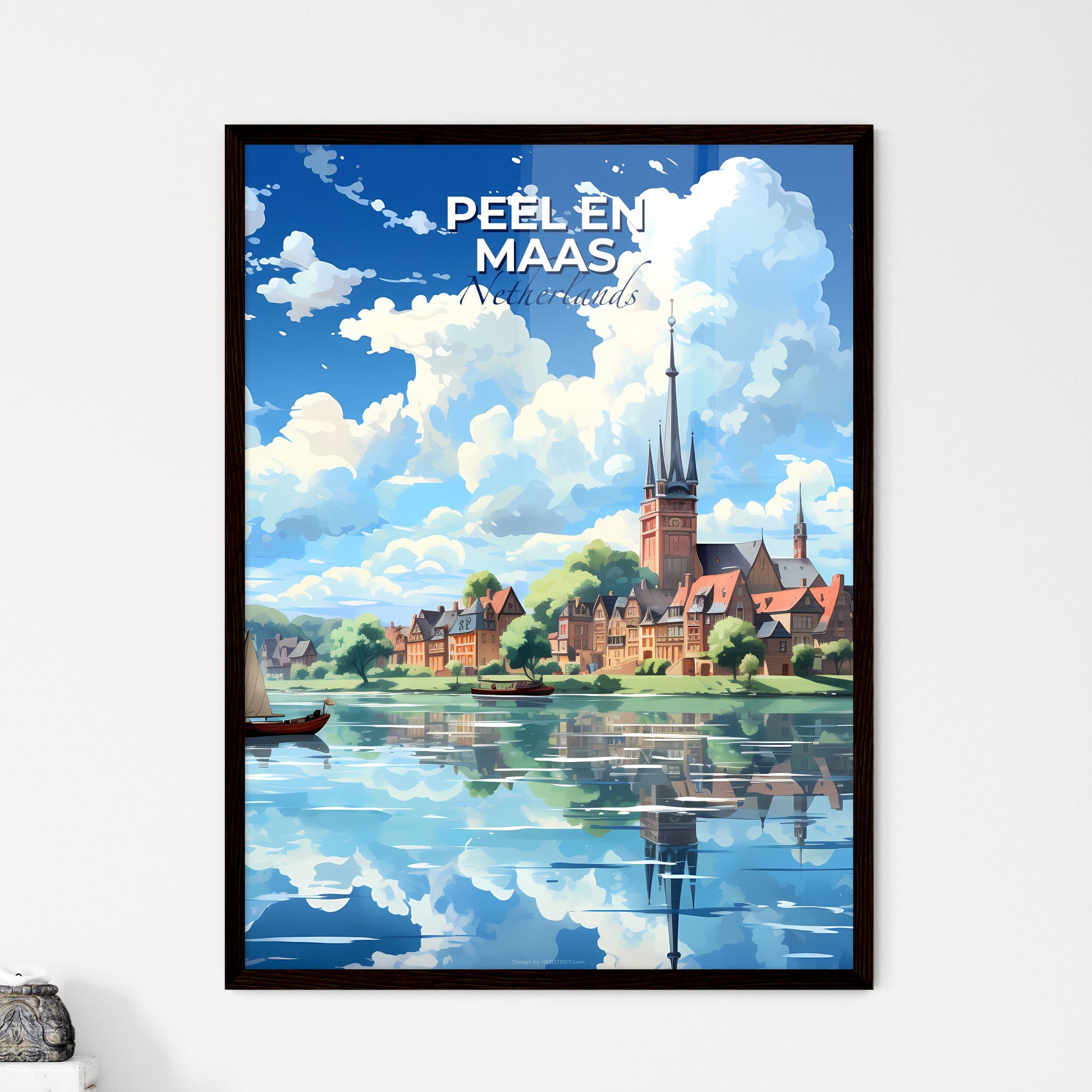 Peel En Maas, Netherlands, A Poster of a water view of a town with a boat and a building Default Title
