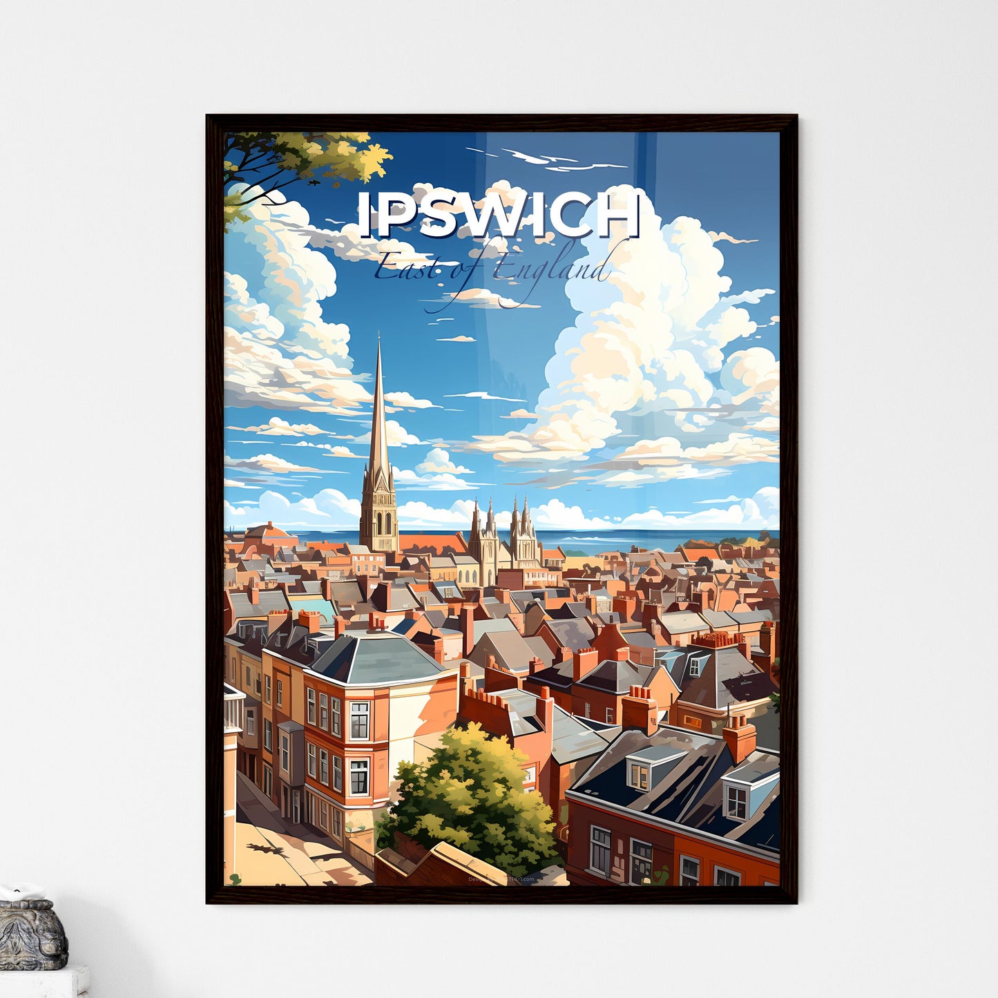 Ipswich, East of England, A Poster of a city with a tall spire and a body of water Default Title