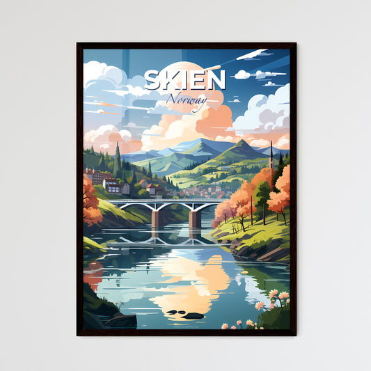 Skien, Norway, A Poster of a bridge over a river with trees and mountains Default Title