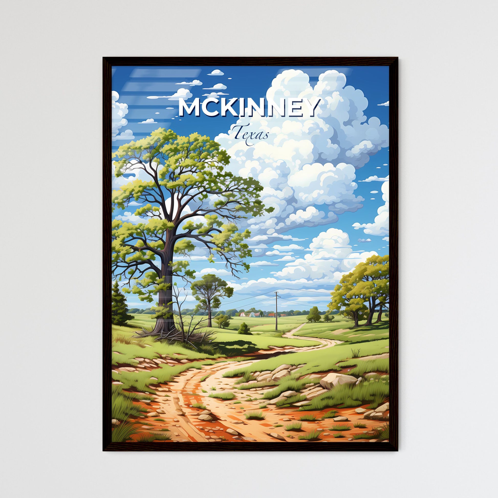 Mckinney, Texas, A Poster of a dirt road through a grassy field with trees and a blue sky with clouds Default Title