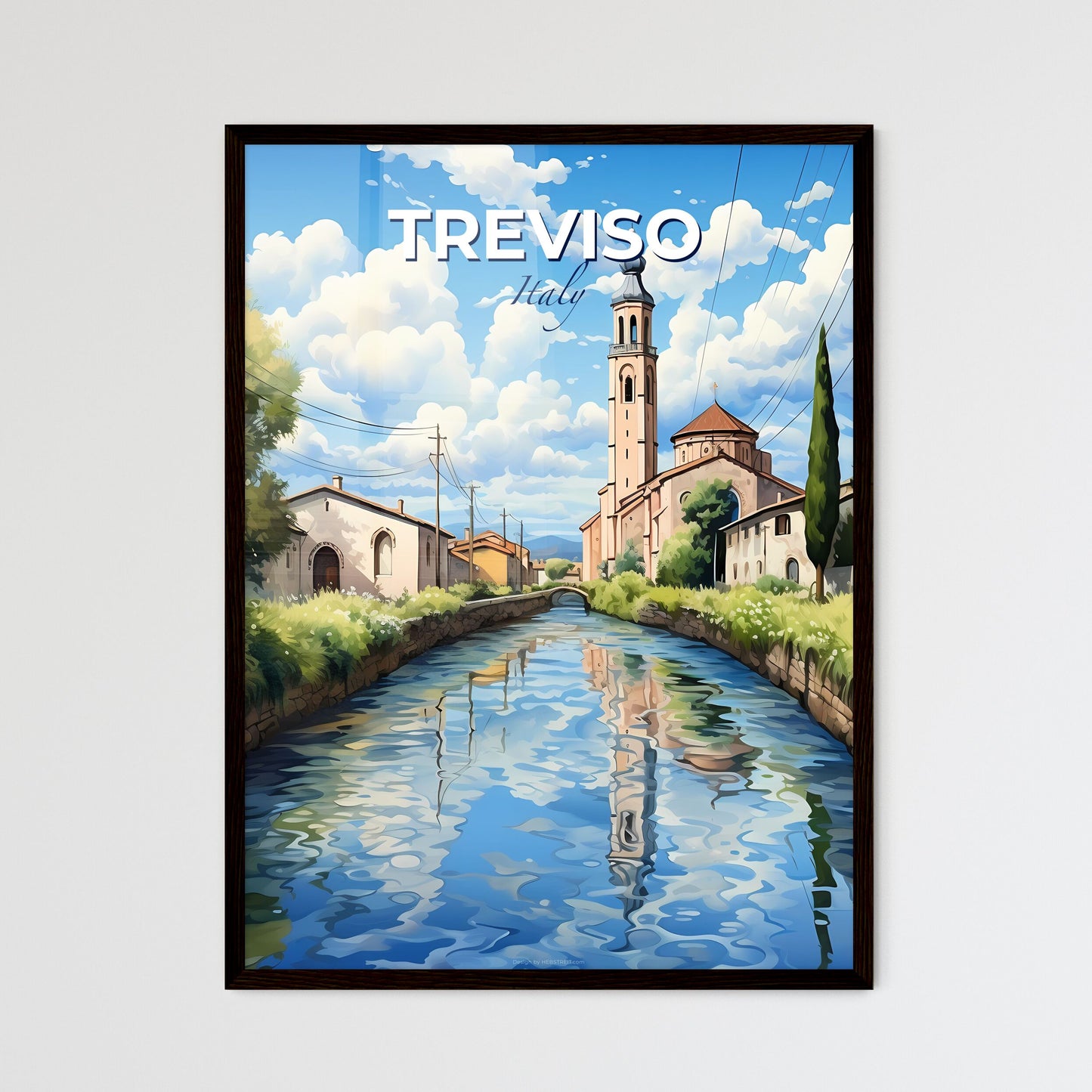 Treviso, Italy, A Poster of a water channel with buildings and trees Default Title