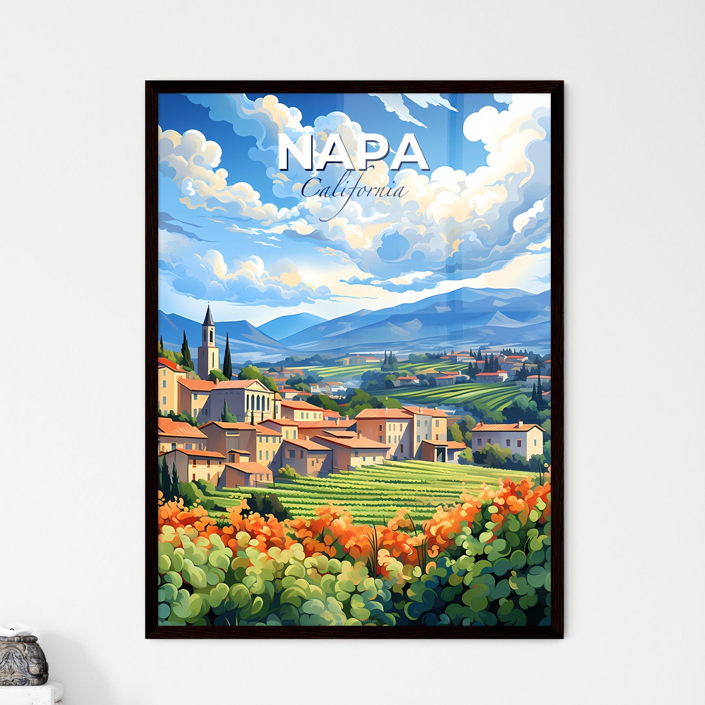 Napa, California, A Poster of a landscape of a village with orange flowers and mountains Default Title