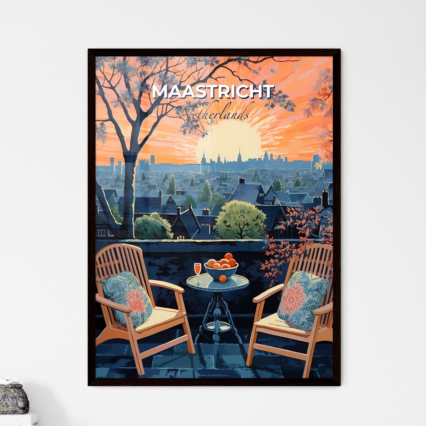 Maastricht, Netherlands, A Poster of a table and chairs on a balcony with a view of a city Default Title