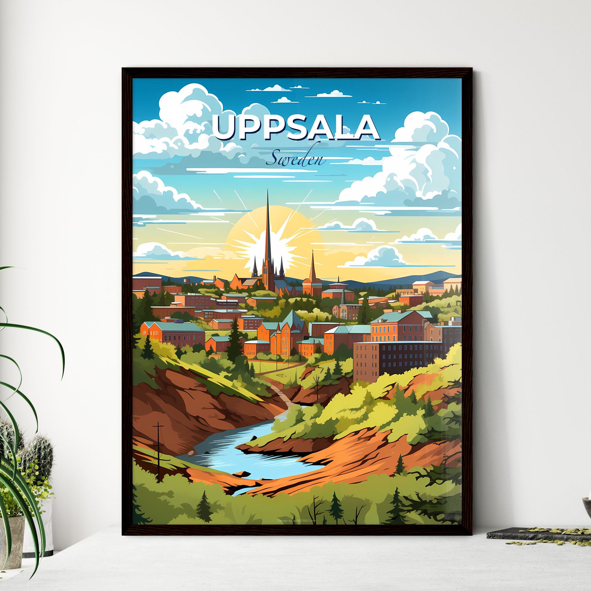 Uppsala, Sweden, A Poster of a landscape of a town with trees and a river Default Title