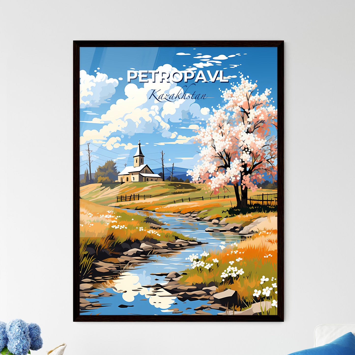 Petropavl, Kazakhstan, A Poster of a river running through a field with a church and a tree Default Title