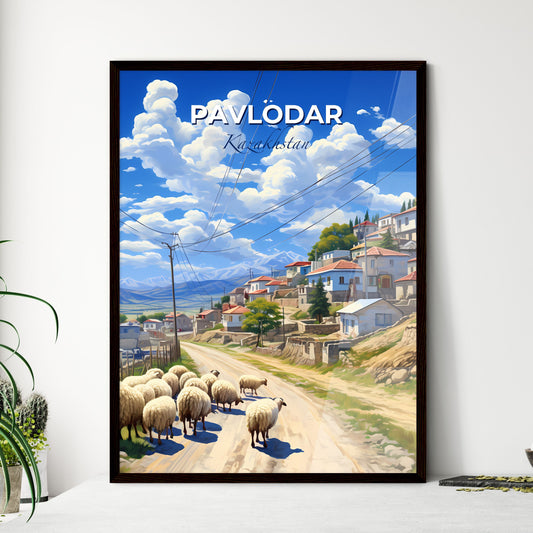 Pavlodar, Kazakhstan, A Poster of a group of sheep walking on a road next to a village Default Title