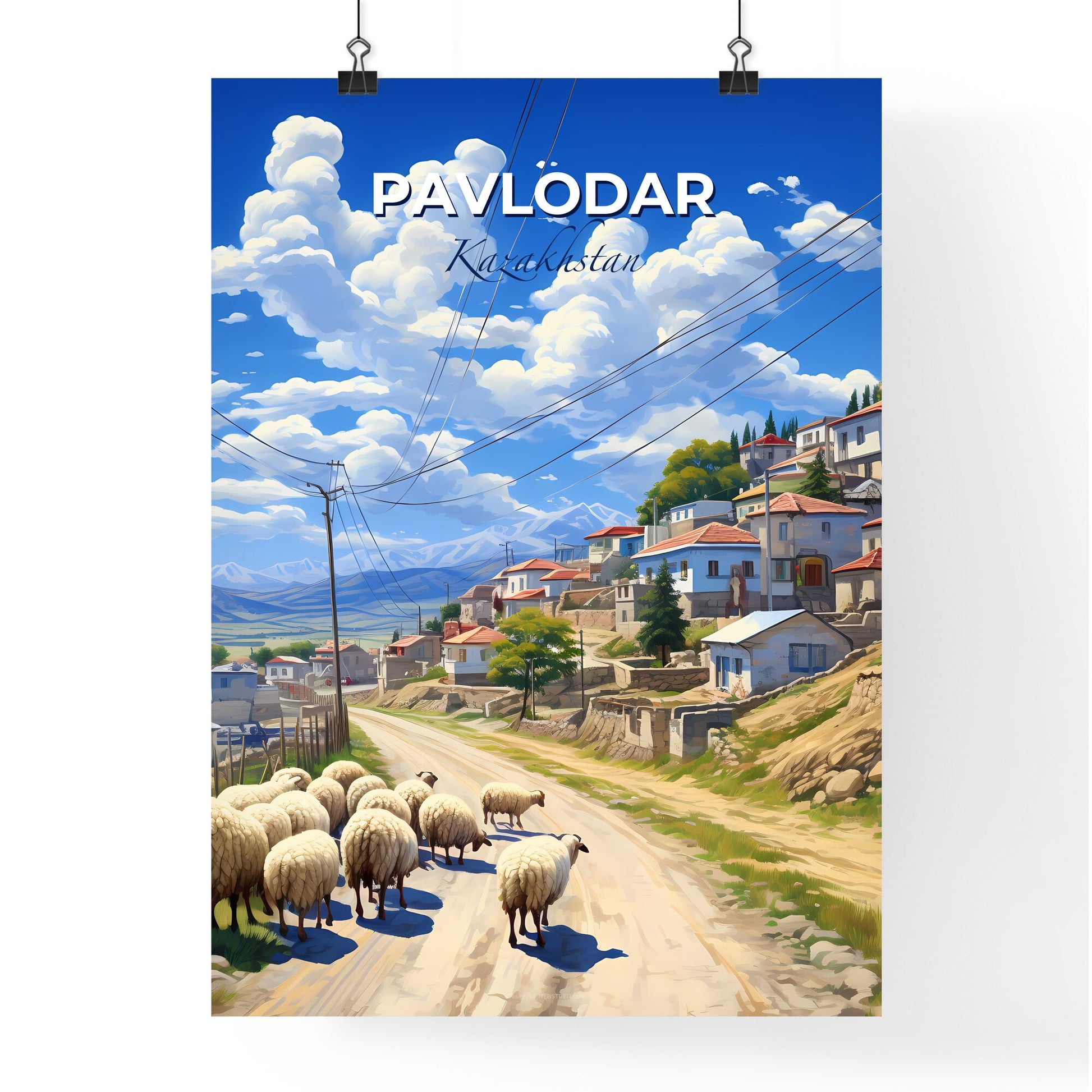 Pavlodar, Kazakhstan, A Poster of a group of sheep walking on a road next to a village Default Title