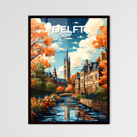 Delft, Netherlands, A Poster of a painting of a river with a bridge and a church in the background Default Title