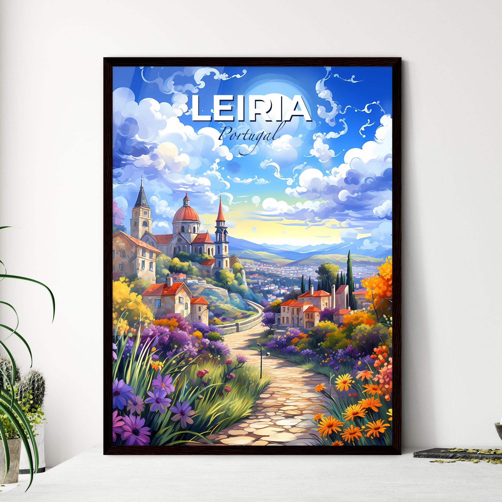 Leiria, Portugal, A Poster of a painting of a town with a road and flowers Default Title