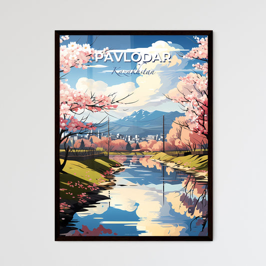 Pavlodar, Kazakhstan, A Poster of a river with pink flowers and trees Default Title
