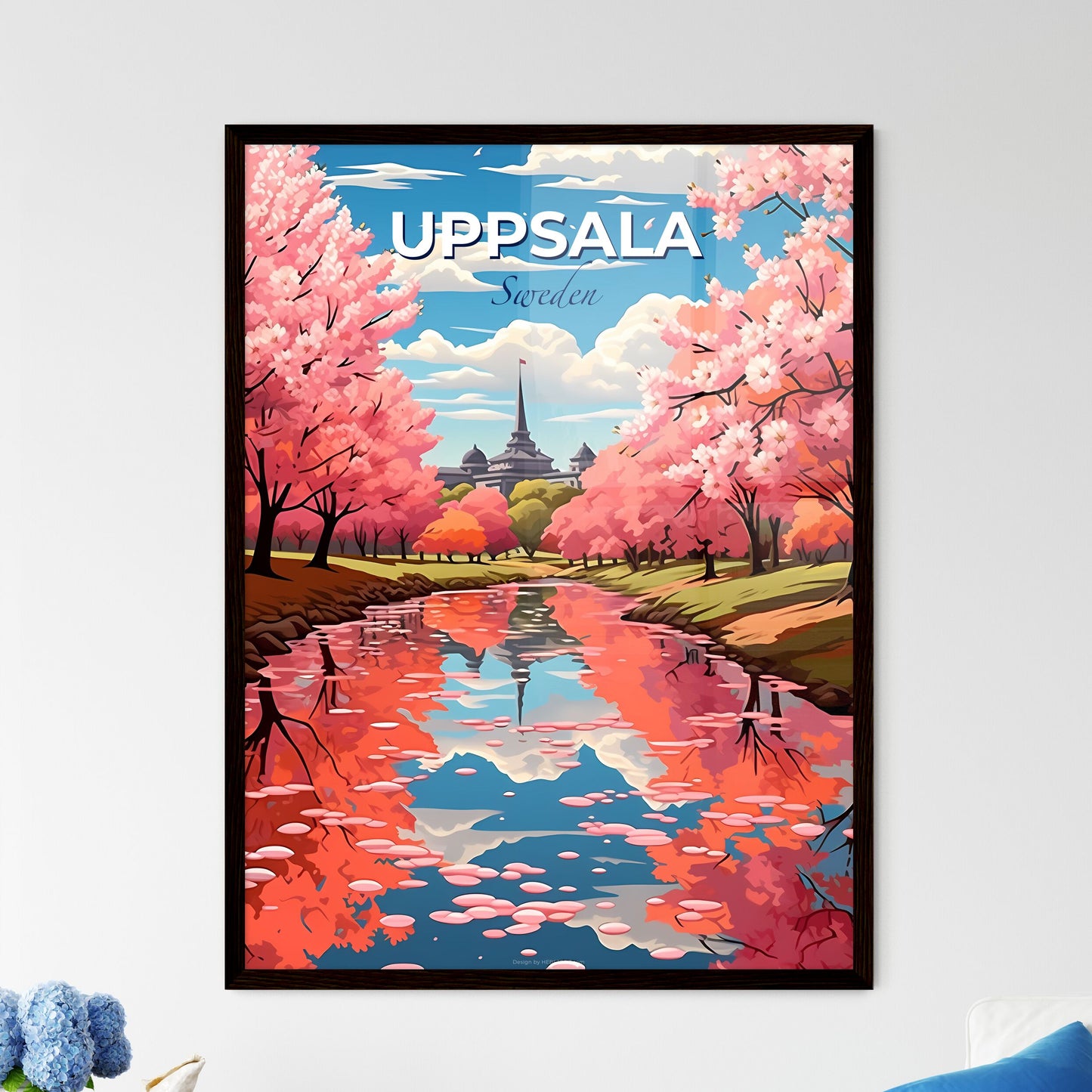 Uppsala, Sweden, A Poster of a river with pink trees and a building in the background Default Title
