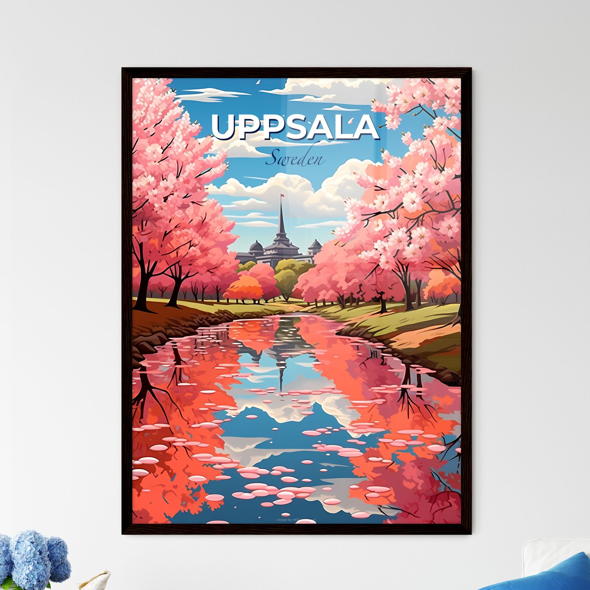 Uppsala, Sweden, A Poster of a river with pink trees and a building in the background Default Title