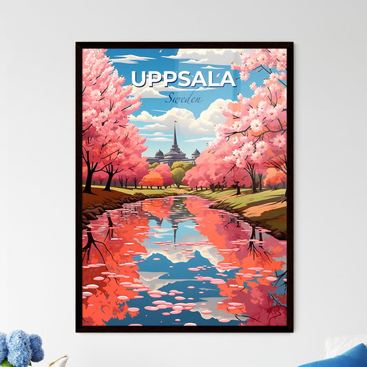 Uppsala, Sweden, A Poster of a river with pink trees and a building in the background Default Title