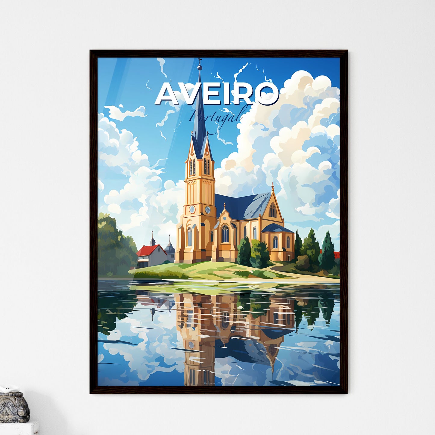 Aveiro, Portugal, A Poster of a church on a hill with trees and a lake Default Title