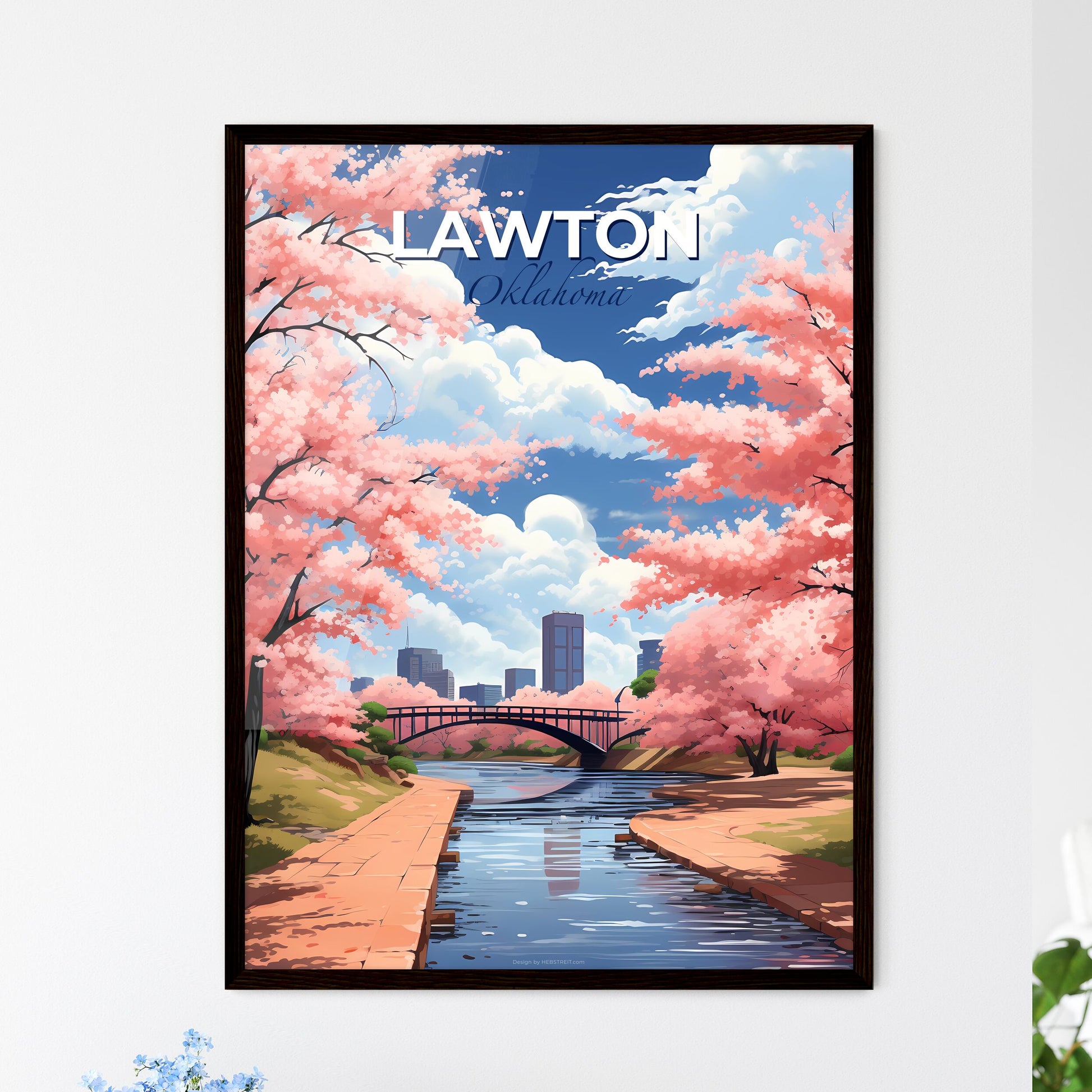 Lawton, Oklahoma, A Poster of a bridge over a river with pink trees Default Title