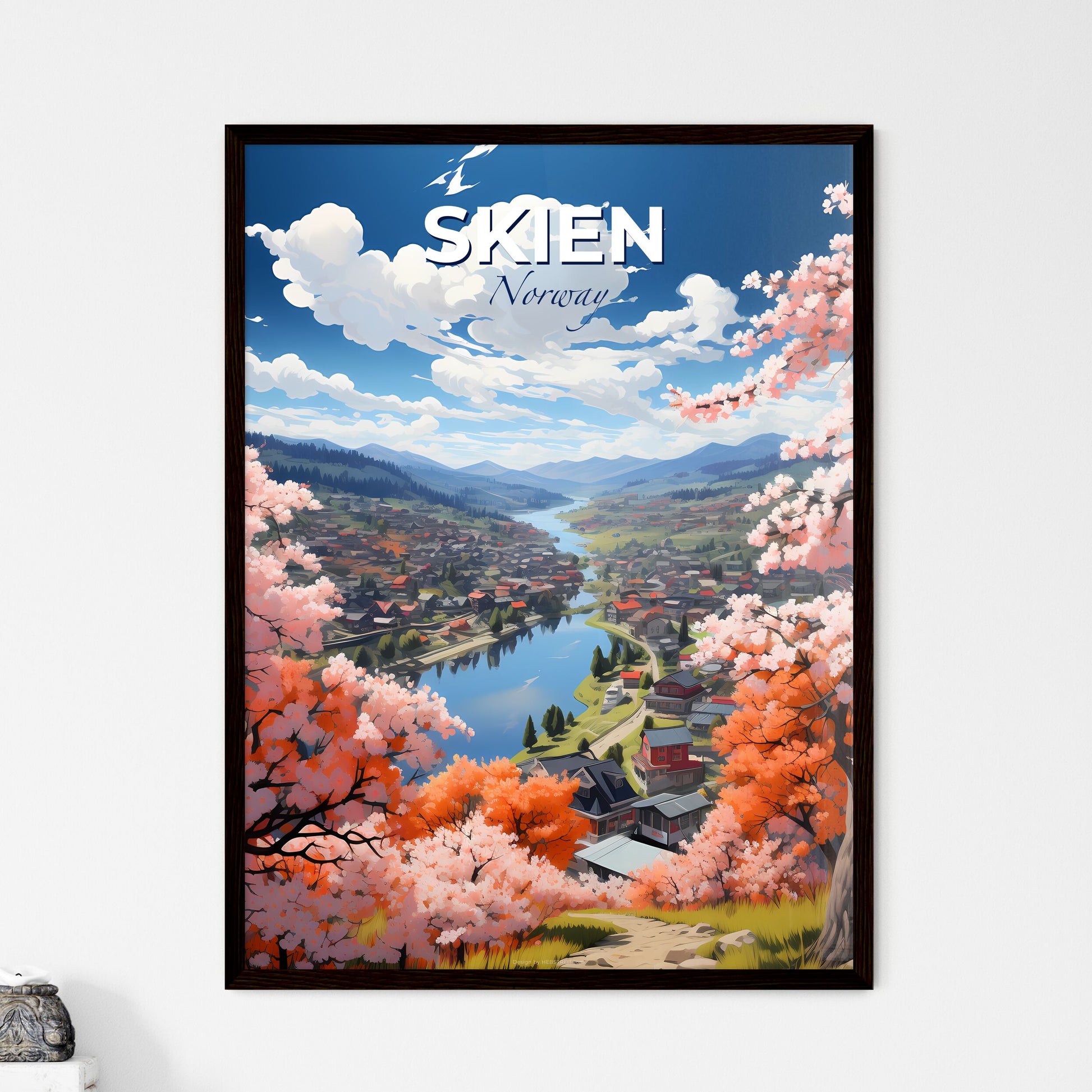 Skien, Norway, A Poster of a landscape with a river and trees and houses Default Title