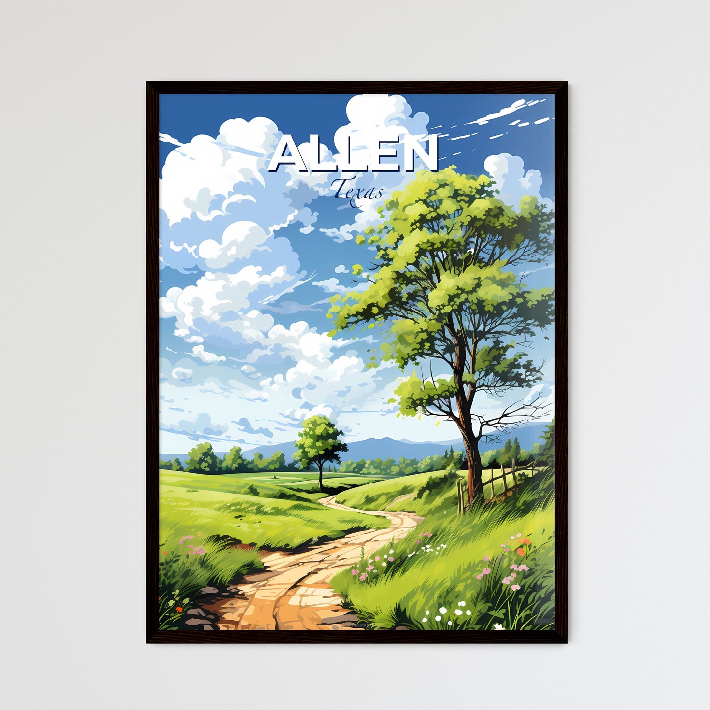 Allen, Texas, A Poster of a dirt road through a grassy field with trees and a blue sky with clouds Default Title