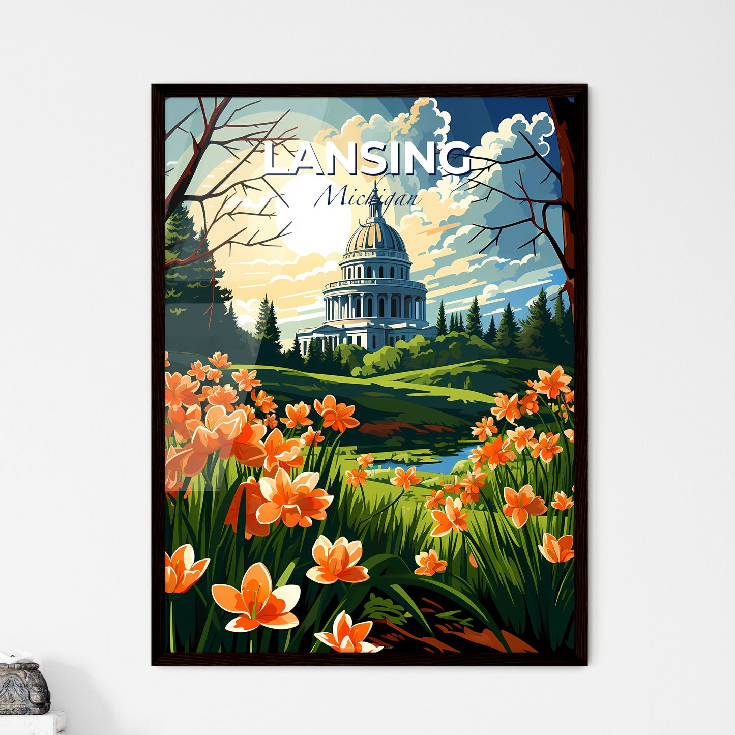 Lansing, Michigan, A Poster of a painting of a building with orange flowers Default Title