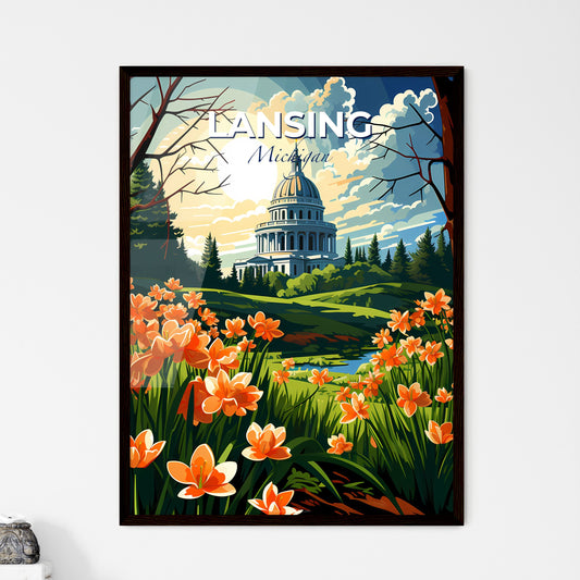Lansing, Michigan, A Poster of a painting of a building with orange flowers Default Title
