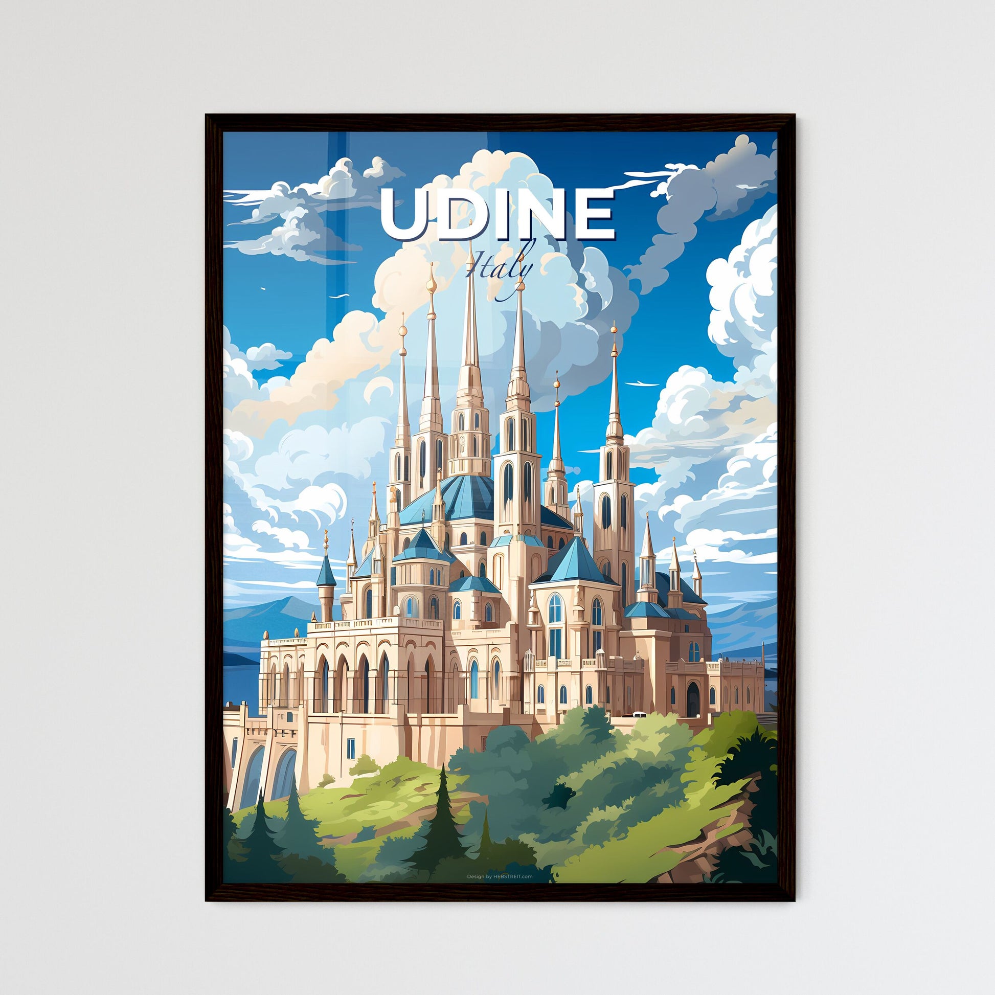 Udine, Italy, A Poster of a castle with many towers and a blue roof with Sagrada Família in the background Default Title