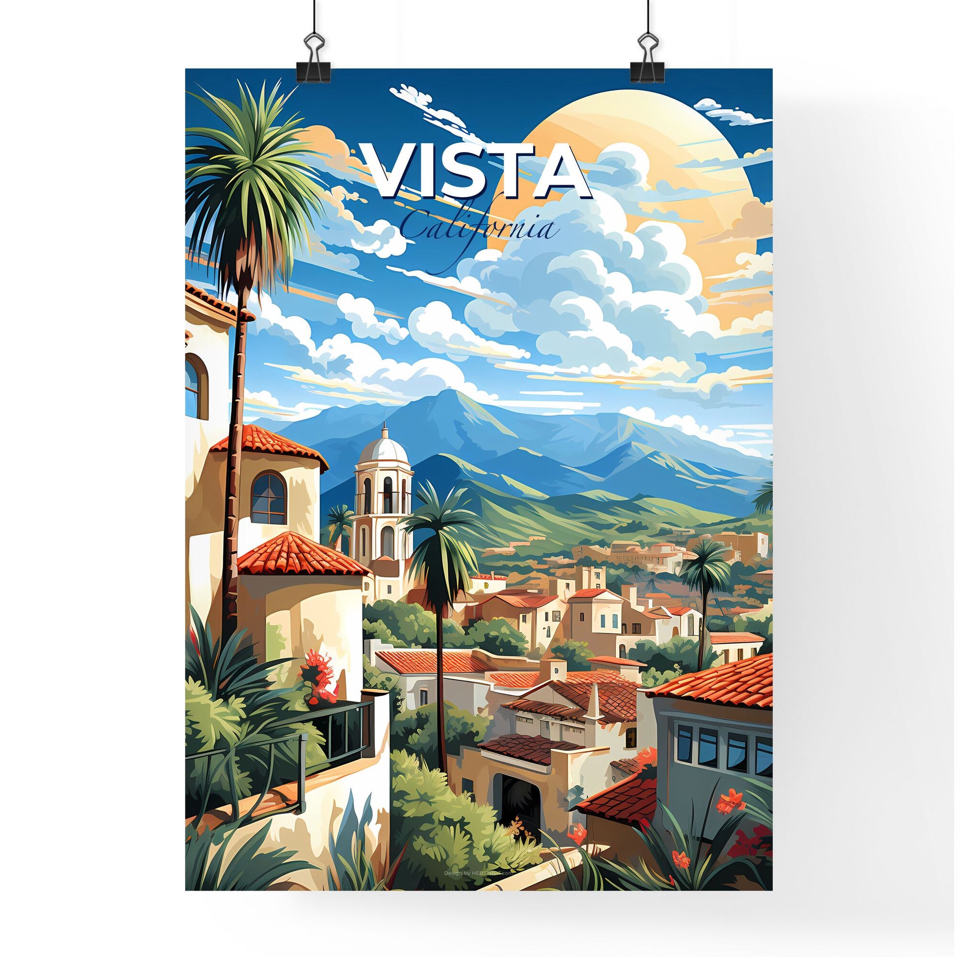 Vista, California, A Poster of a painting of a town with mountains and trees Default Title