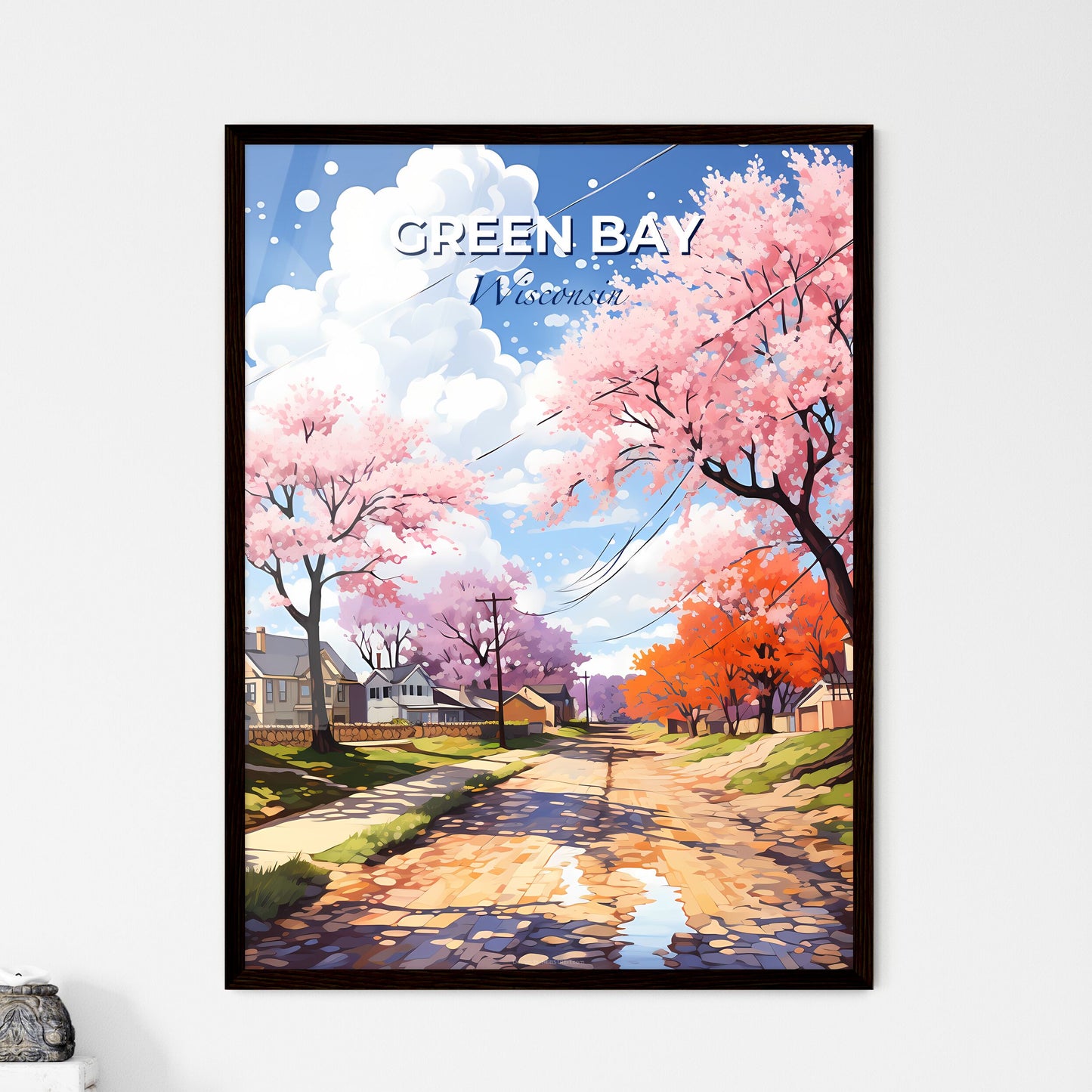 Green Bay, Wisconsin, A Poster of a road with pink trees and houses on the side Default Title