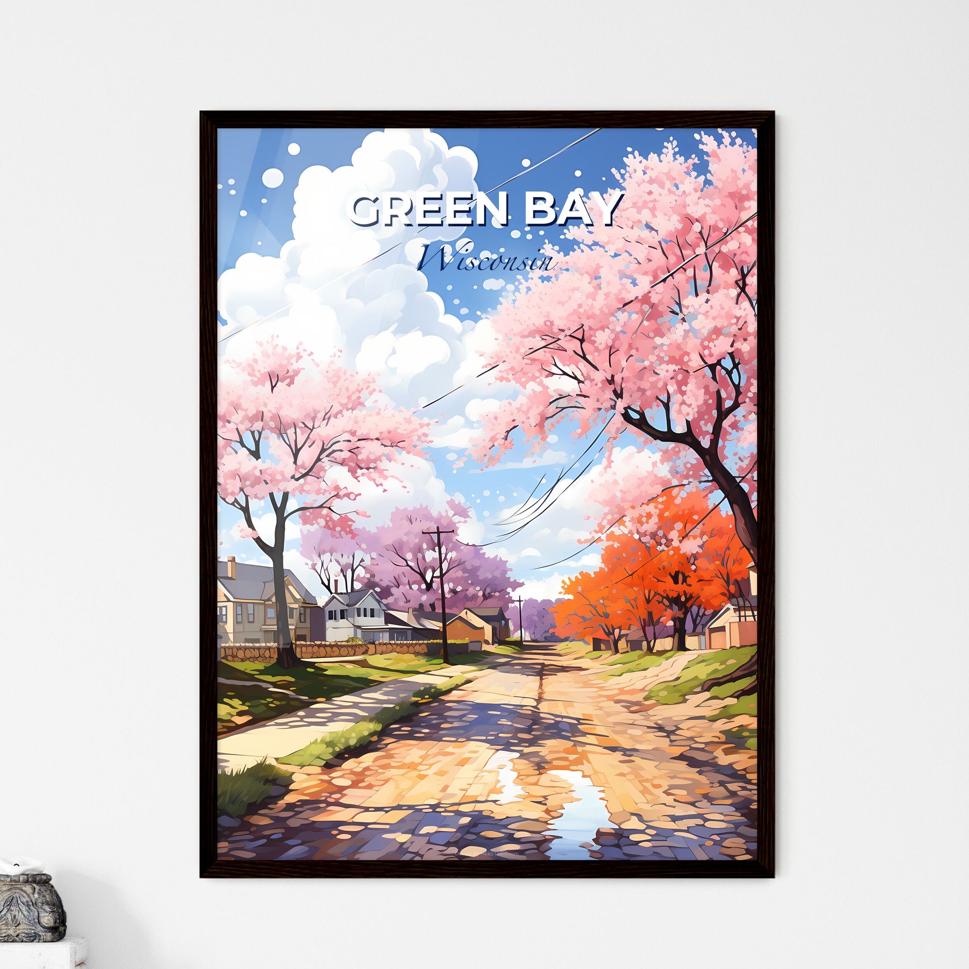 Green Bay, Wisconsin, A Poster of a road with pink trees and houses on the side Default Title