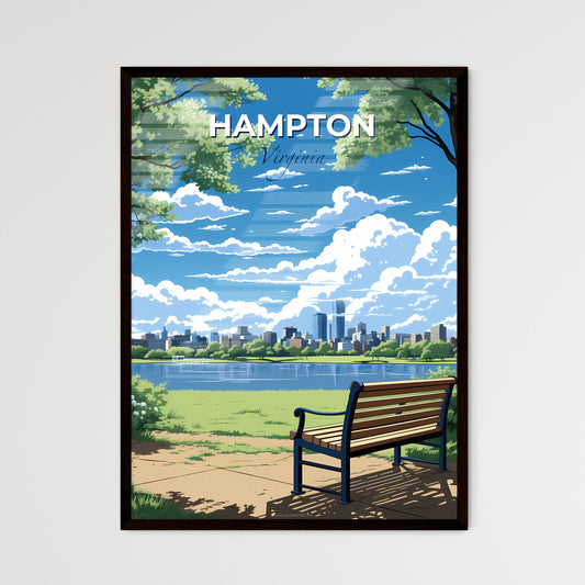Hampton, Virginia, A Poster of a bench in a park with a lake and a city in the background Default Title