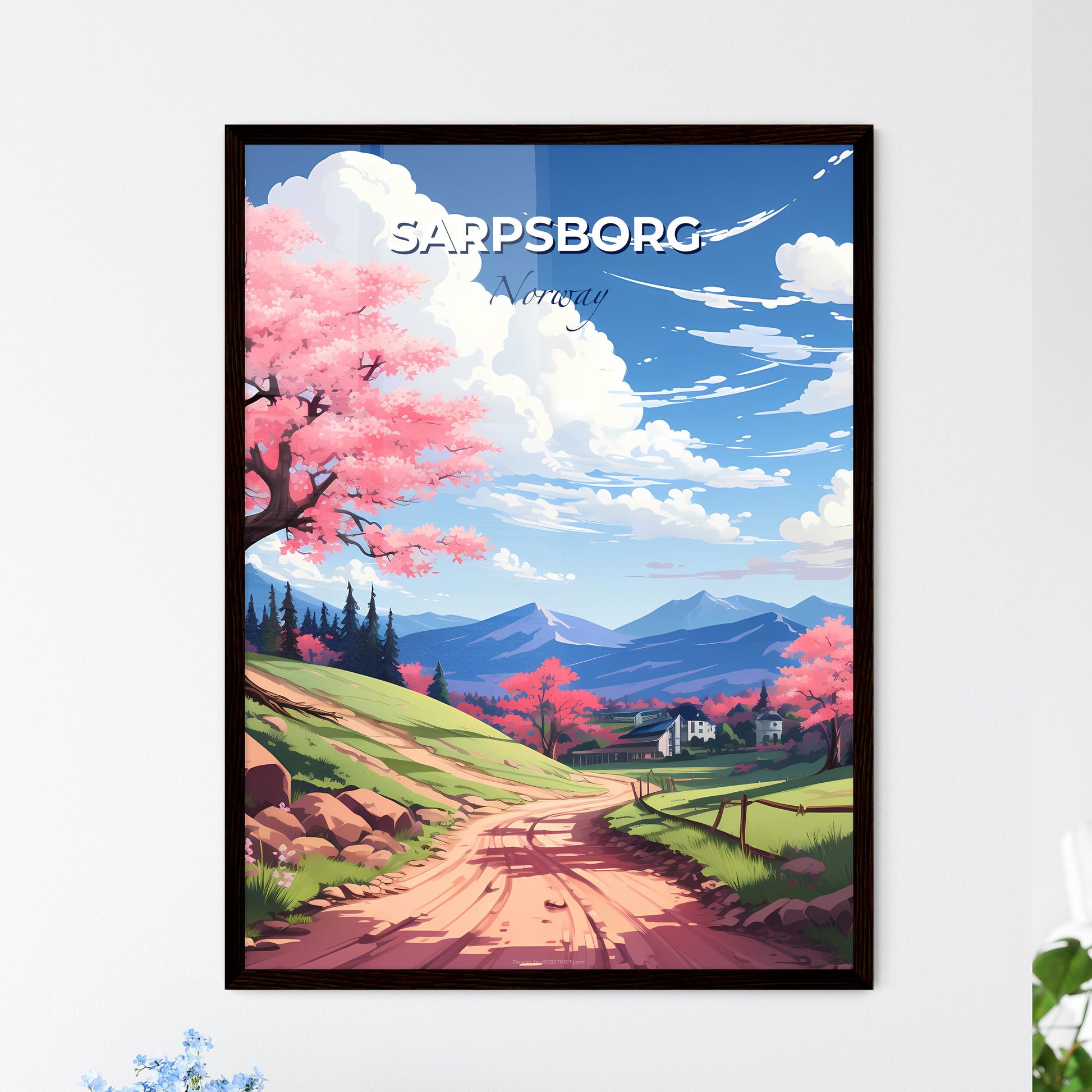 Sarpsborg, Norway, A Poster of a road with pink flowers on it Default Title