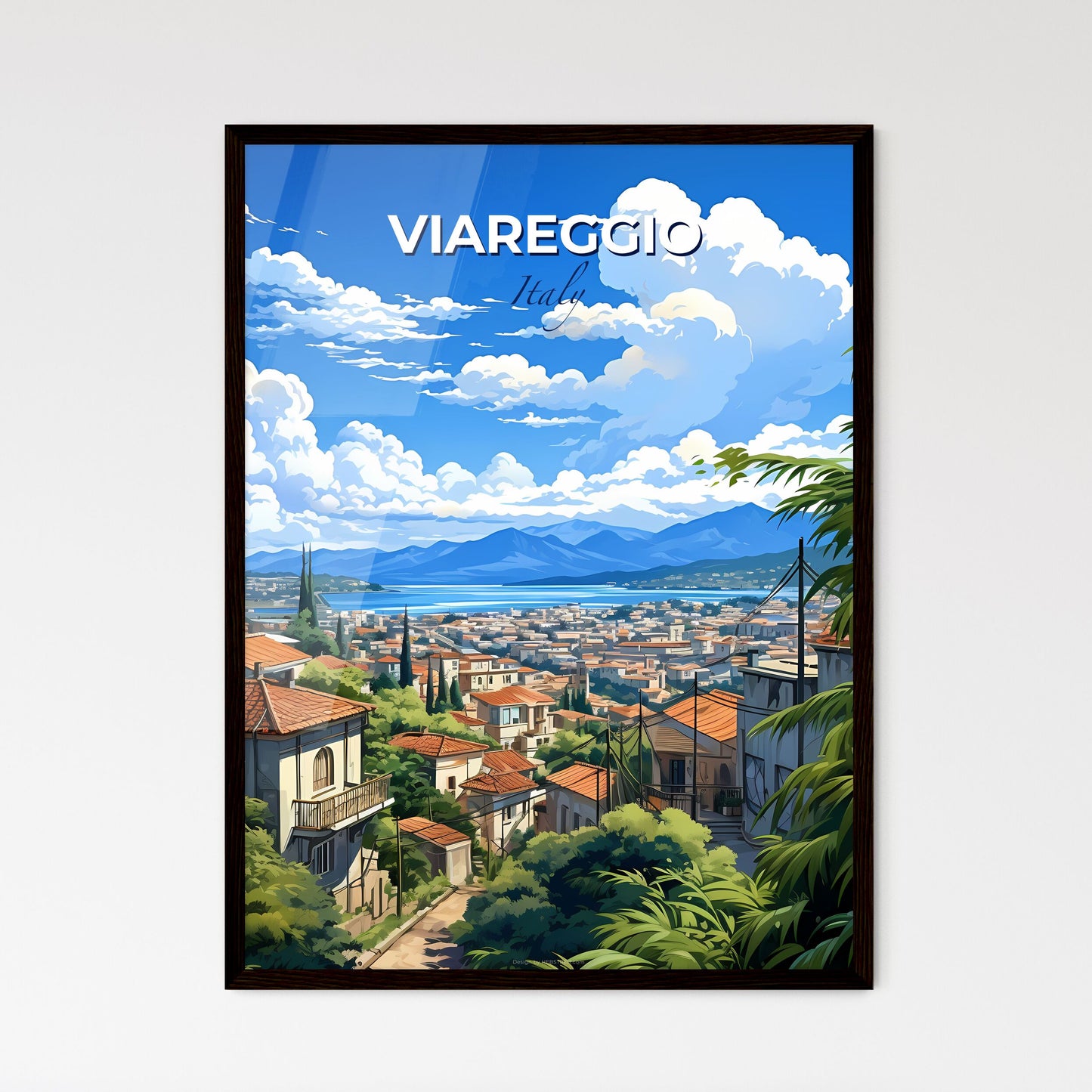 Viareggio, Italy, A Poster of a city with trees and mountains in the background Default Title