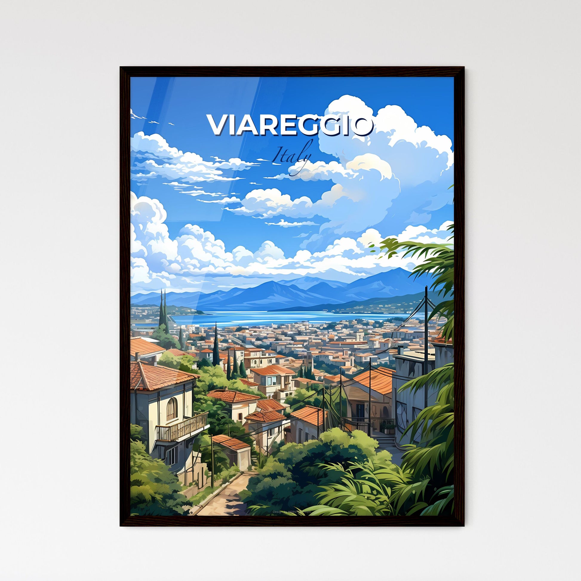 Viareggio, Italy, A Poster of a city with trees and mountains in the background Default Title
